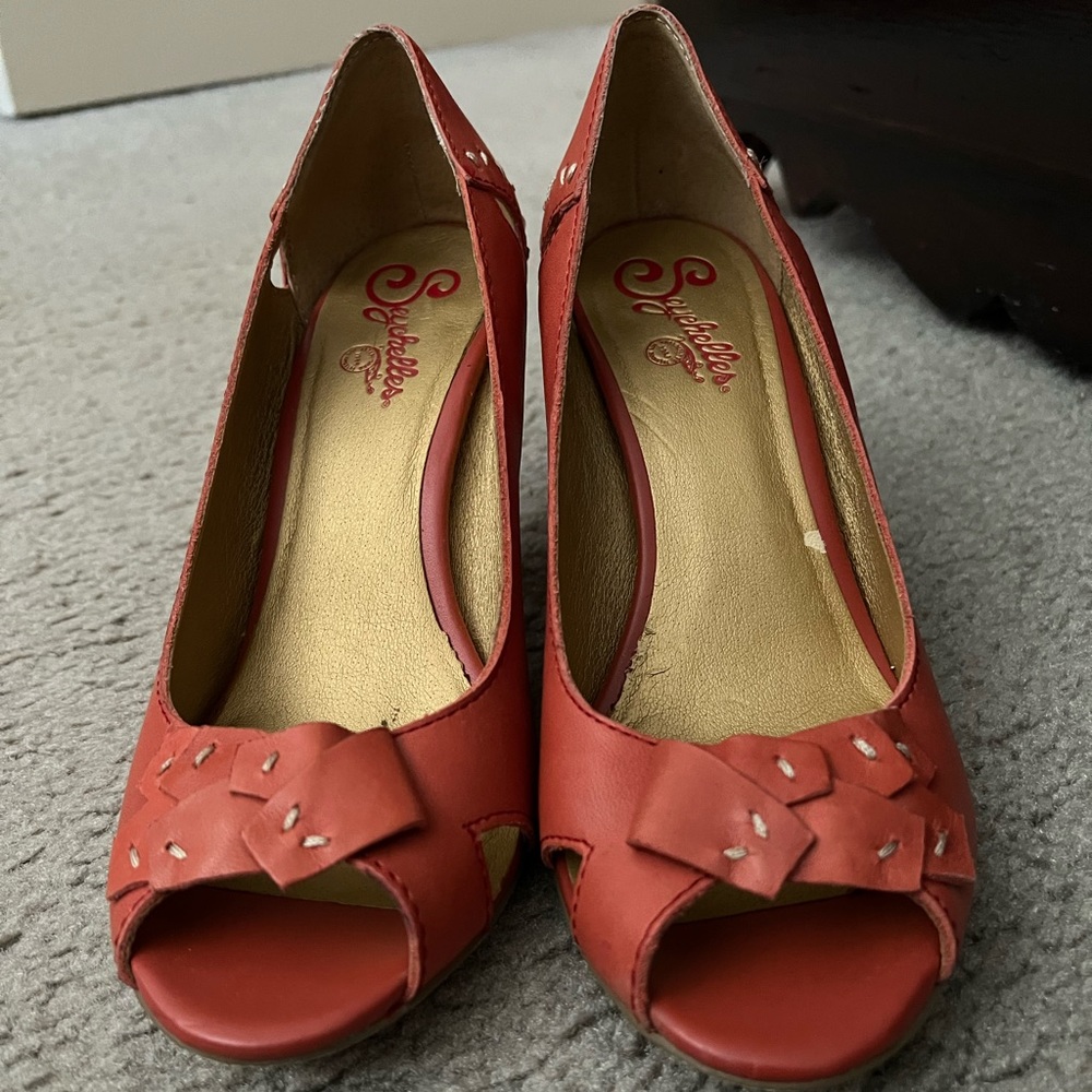 Anthropology leather peep toe heels